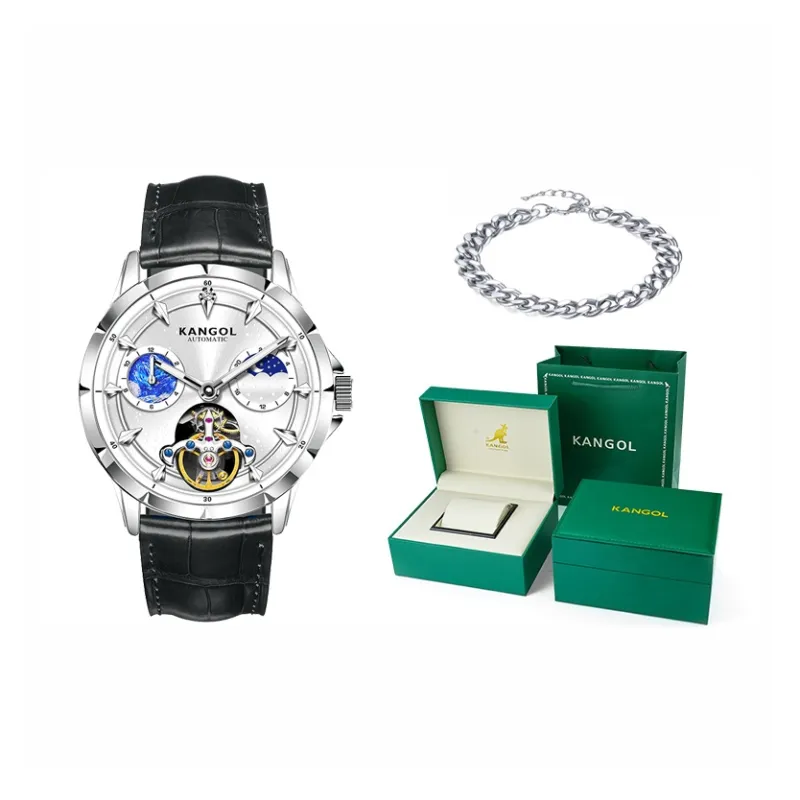 KANGOL Sea Of Stars Automatic Mechanical Movement Genuine Leather Strap Watch Men's Watches Cut Out Dial-35