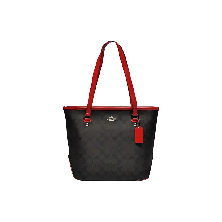 COACH Zip Top Tote Canvas With Leather Tote Bag Shopping Bag Handbag Shoulder Bag Women's Dark Brown & Red-0