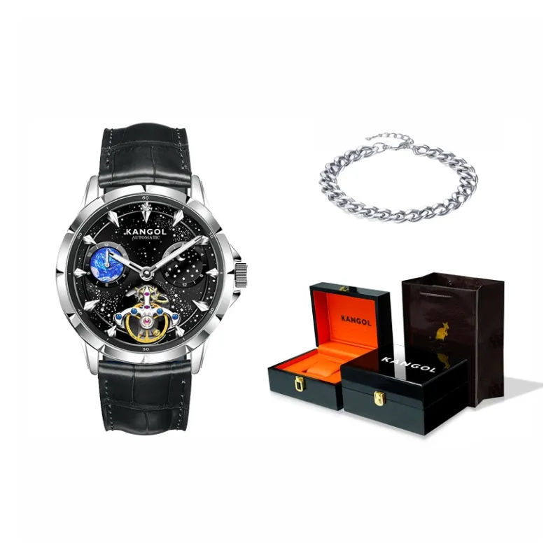 KANGOL Sea Of Stars Automatic Mechanical Movement Genuine Leather Strap Watch Men's Watches Cut Out Dial-41