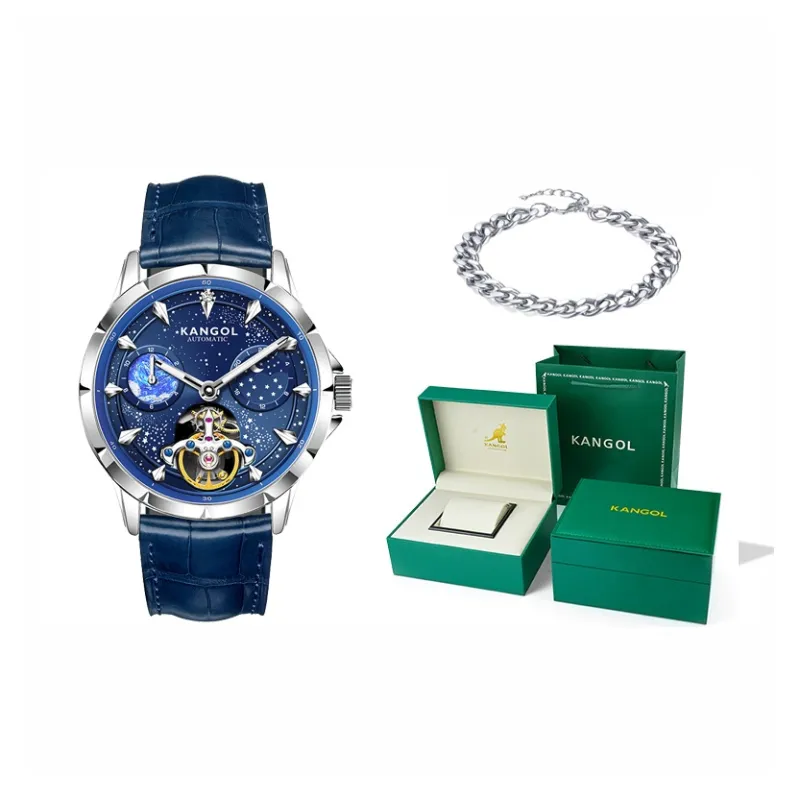 KANGOL Sea Of Stars Automatic Mechanical Movement Genuine Leather Strap Watch Men's Watches Cut Out Dial-28