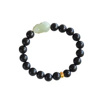 Cuiya Golden Building Hetian Jade Ebony Wood Beaded Bracelet Pale Greenish White Jade Unisex