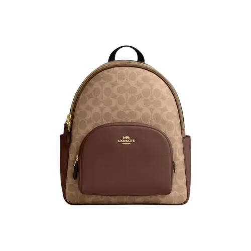 COACH Court Cow Leather Backpack Large Size Women's Brown Yellow & Brown
