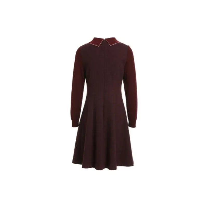 QIAOWANNI Long Sleeved Dresses Women's Burgundy Houndstooth-1