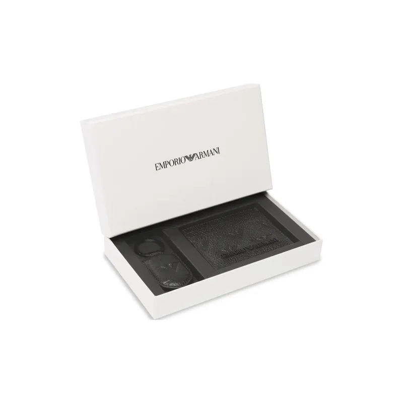 EMPORIO ARMANI Cow Leather Card Holder Keychain Gift Box Set Small Size Men's Black-4