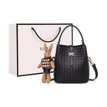 VINEY Cow Leather Patchwork Synthetic Leather Handbag Shoulder Bag Crossbody Bag Bucket Bag Regular Women's Black