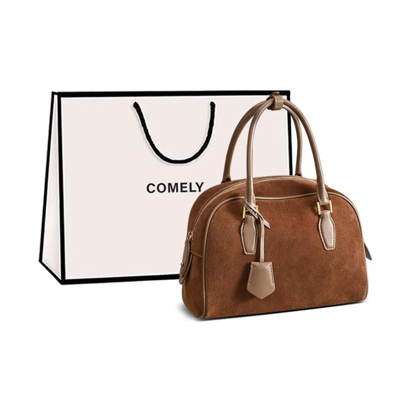 COMELY Cow Leather Boston Bag One Shoulder Handbags Regular Women's Chocolate/Khaki-5