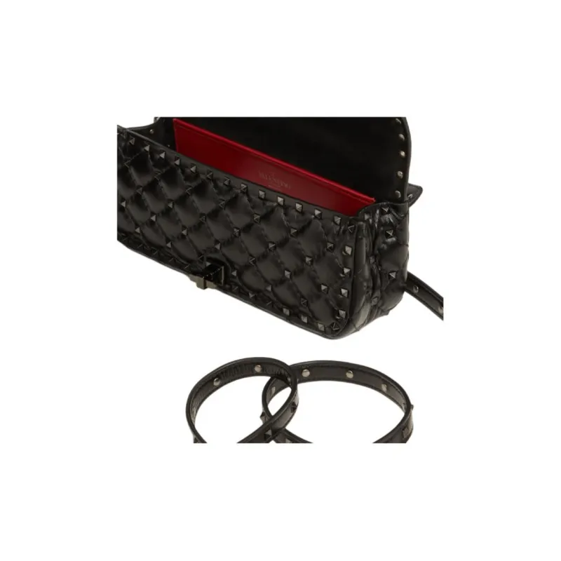Valentino ROCKSTUD SPIKE Quilting Calfskin Crossbody Handheld Handbag Shoulder Bag Women's Black-4