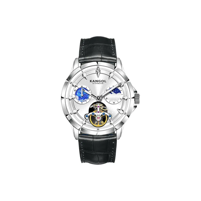 KANGOL Sea Of Stars Automatic Mechanical Movement Genuine Leather Strap Watch Men's Watches Cut Out Dial-16