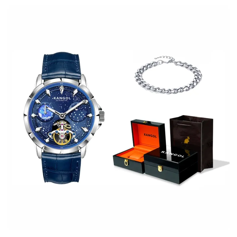 KANGOL Sea Of Stars Automatic Mechanical Movement Genuine Leather Strap Watch Men's Watches Cut Out Dial-47