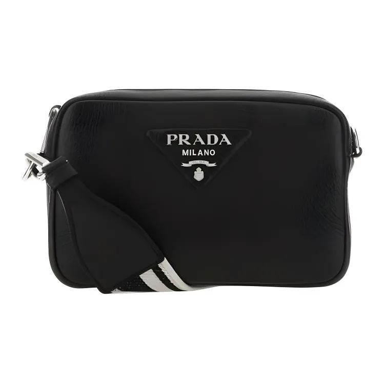 PRADA Pebbled Leather Camera Bag, Shoulder Bag, Crossbody Bag Trumpets Women's Black-0