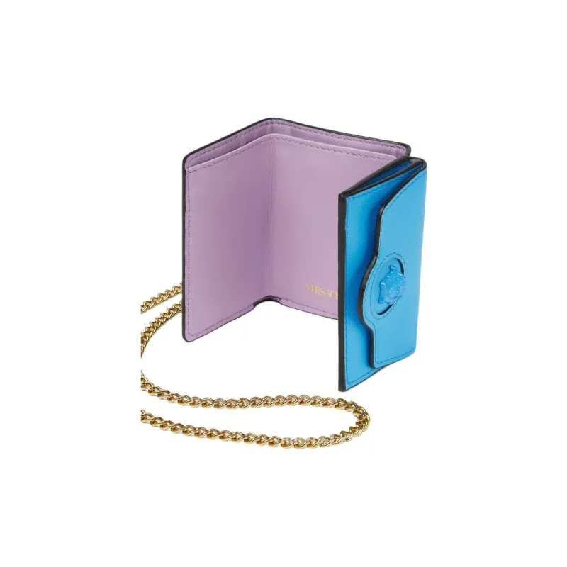 VERSACE La Medusa Leather Card Holder Wallet Women's Blue With Bright Green Accents-4