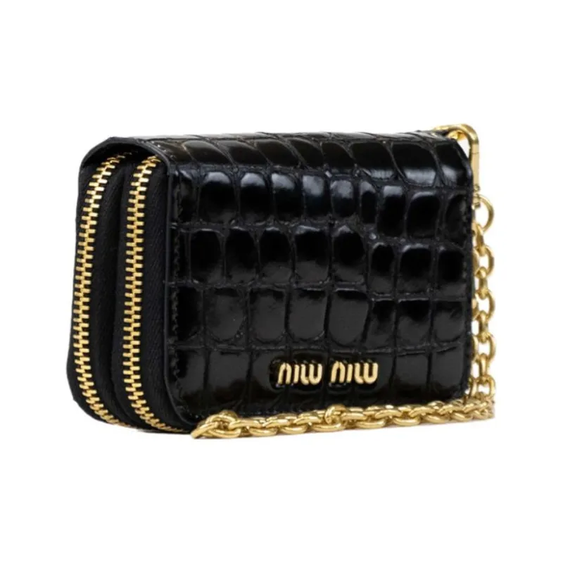 MIU MIU Cow Leather Card Clip Wallets Unisex Black-1