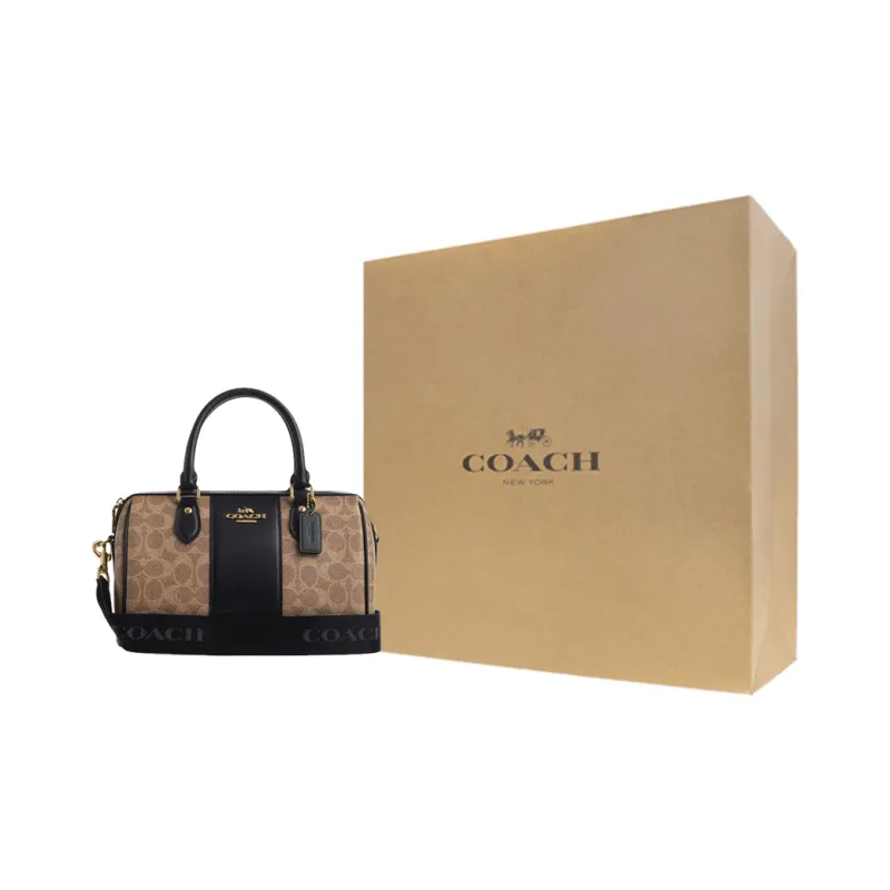 COACH Rowan Coated Canvas Shoulder Bag Crossbody Bag Handbag Medium Size Women's Tan & Black-8