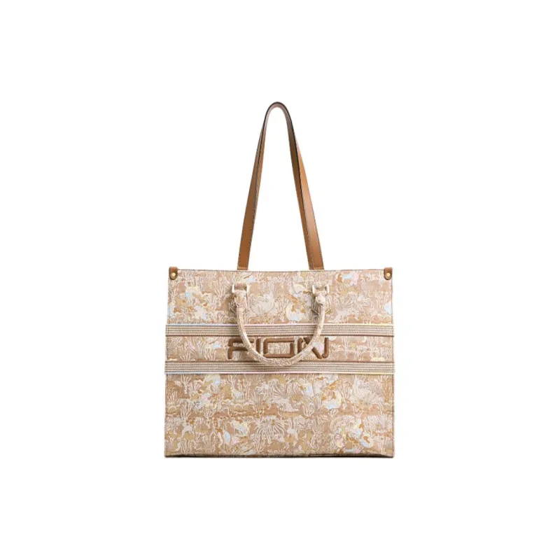 FION Fabric Tote Bag Shopping Bag Shoulder Bag Handbag Large Size Women's Khaki-0