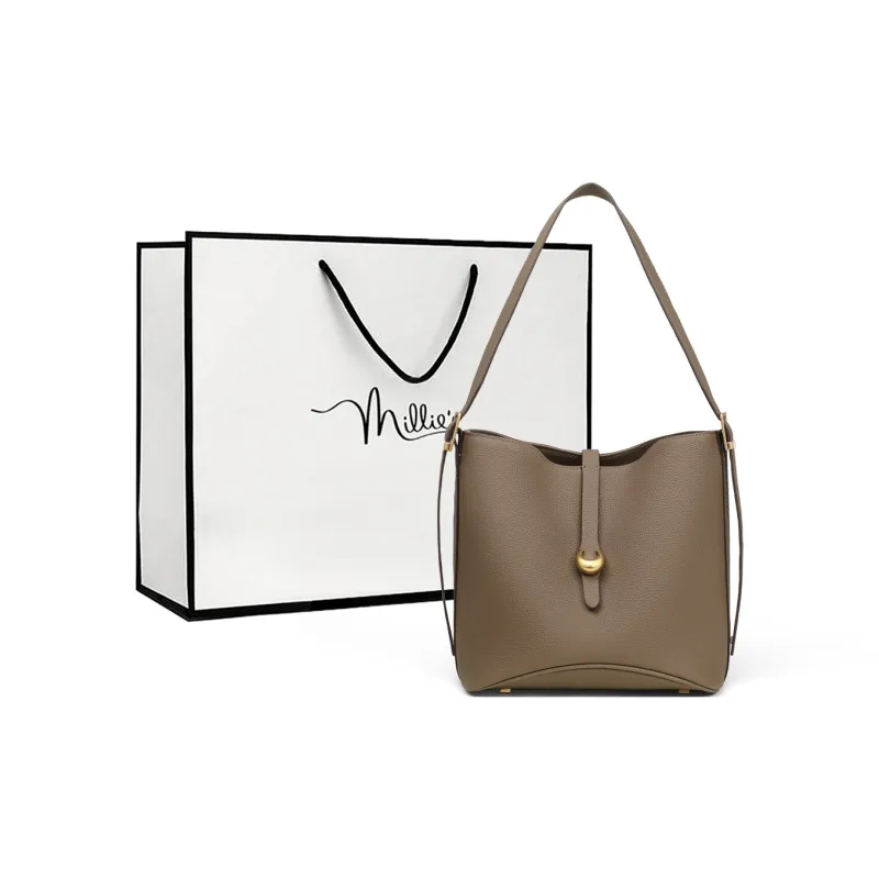 MILLIE'S Cow Leather Patchwork Synthetic Leather Shoulder Bag Medium Size Women's Elephant Gray/Brown-0