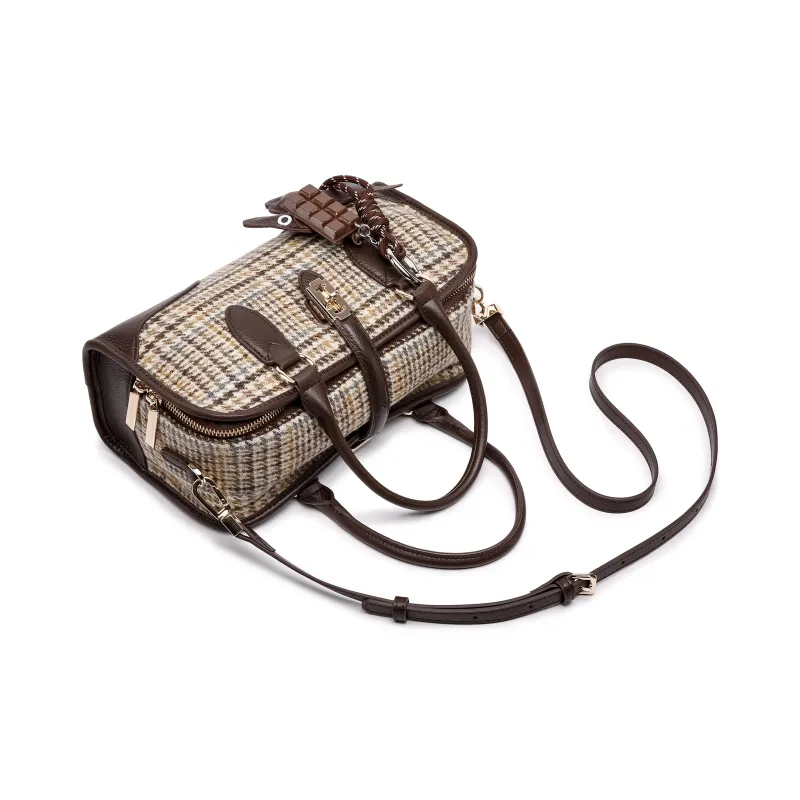 FAIRWHALE Cow Leather With Wool Crossbody Handbags Women's Coffee-6