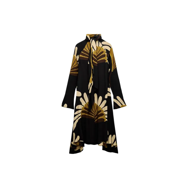 ZARA ZW Series Long-Sleeved Dresses Women's Black/Green-1