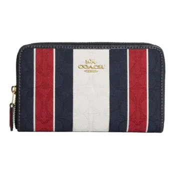 COACH Zip Around Fabric With Leather Wallet Small Size Women's Deep Blue & White & Red