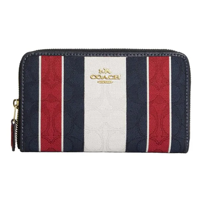 COACH Zip Around Fabric With Leather Wallet Small Size Women's Deep Blue & White & Red-0