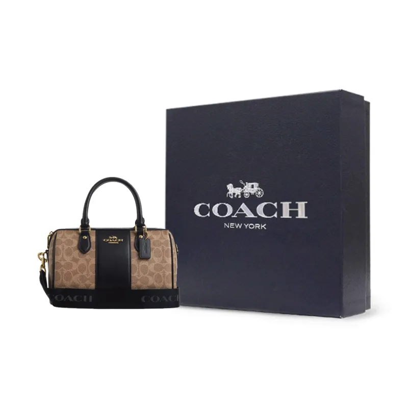 COACH Rowan Coated Canvas Shoulder Bag Crossbody Bag Handbag Medium Size Women's Tan & Black-6