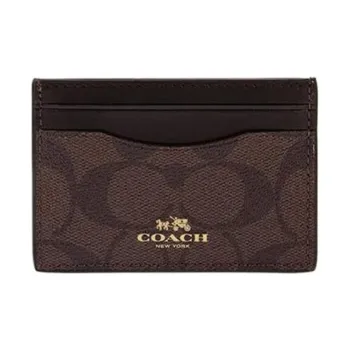 COACH Card Case Coated Canvas With Leather Clutch Coin Purse Card Holder Women's Brown & Black