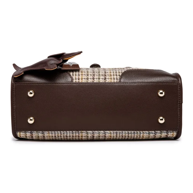 FAIRWHALE Cow Leather With Wool Crossbody Handbags Women's Coffee-5