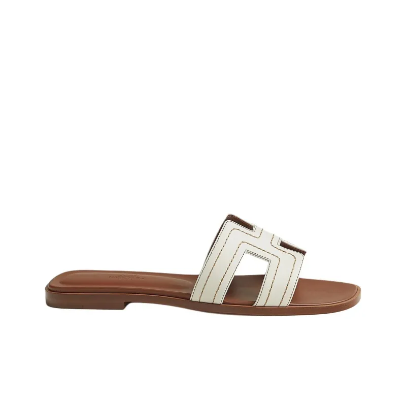 HERMES Oran Slide Strap Slippers Women's White Brown-1