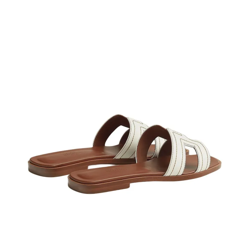 HERMES Oran Slide Strap Slippers Women's White Brown-3
