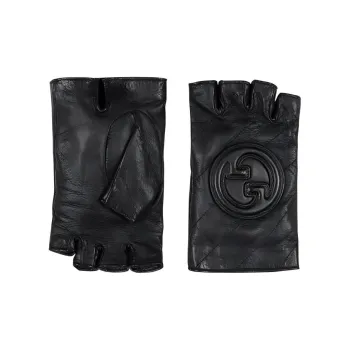 GUCCI Leather Silk Gloves Women's Black