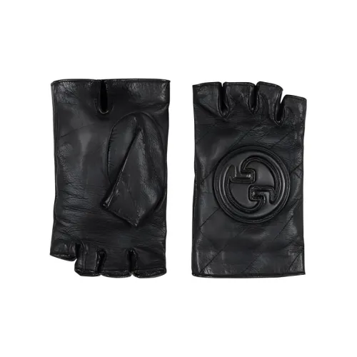 GUCCI Leather Silk Gloves Women's Black