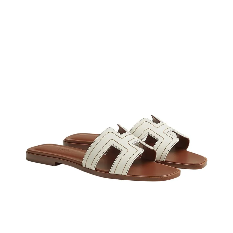 HERMES Oran Slide Strap Slippers Women's White Brown-2