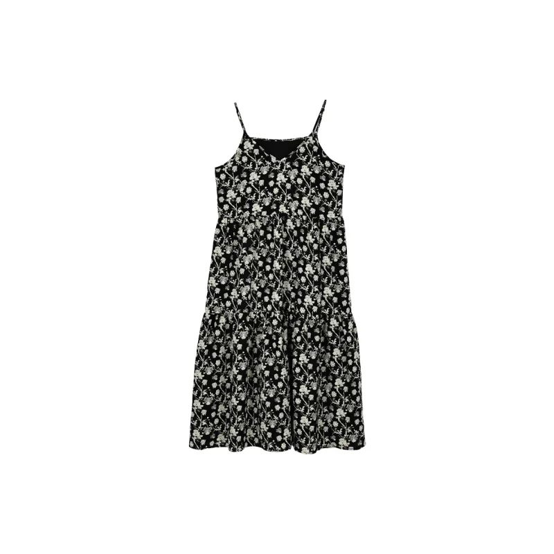 Cypress House Slip Dresses Women's Black Background With White Flowers-1