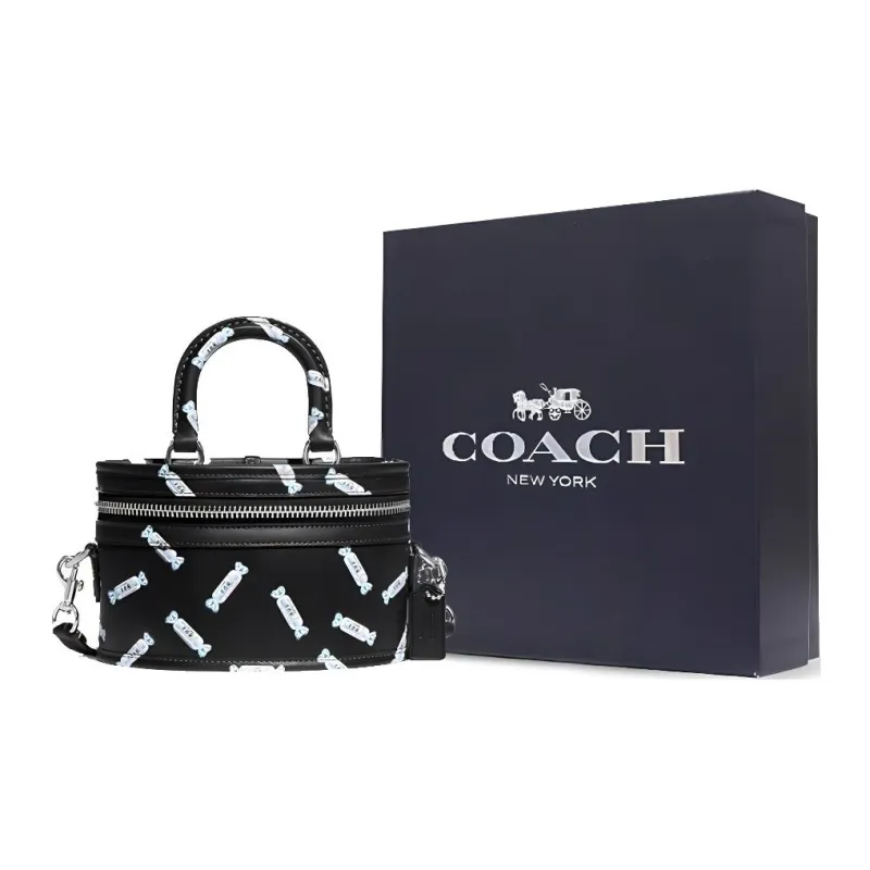 COACH Baymax Rabbit, Collaboration Trail Leather Box Bag, Makeup Bag, Handbag Women's Black-4