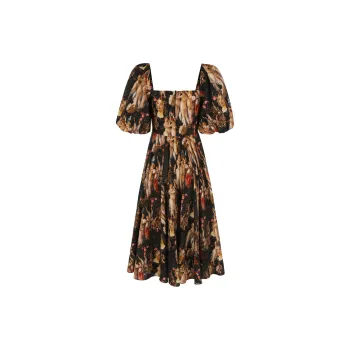 Selkie Collection Short Sleeved Dresses Women's Black Background Vintage Gods' Garden Print