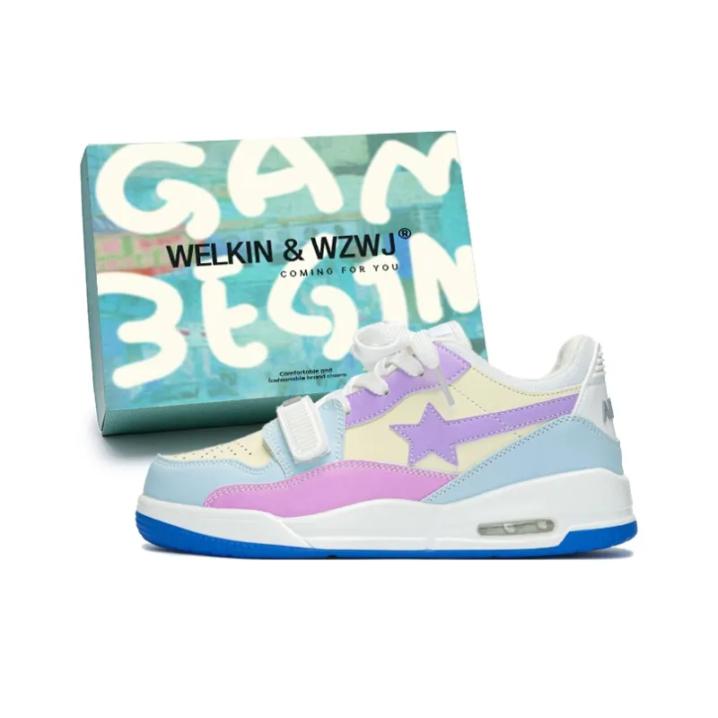 WELKIN&WZWJ Stars Collection White Sneakers Slip-Resistant Height Increasing Low-Top Skateboard Shoes Unisex-189