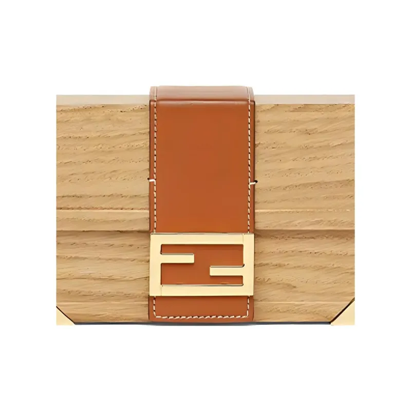 FENDI BaguetteTrunk Natural Oak With Calfskin Box Bag Baguette Bag Shoulder Bag Crossbody Bag Mini Men's Beige/Brown-4