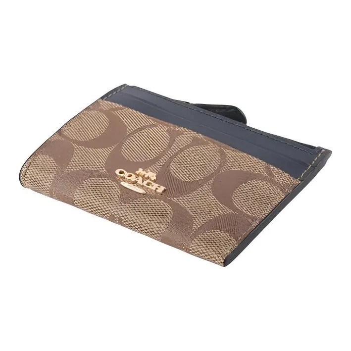 COACH Mini Id Skinny Leather Pvc Key Pouches Card Holders Mini Unisex Midnight Blue With Brown-1