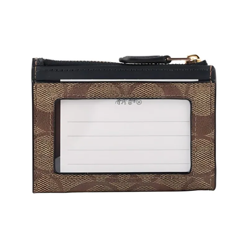 COACH Mini Id Skinny Leather Pvc Key Pouches Card Holders Mini Unisex Midnight Blue With Brown-2