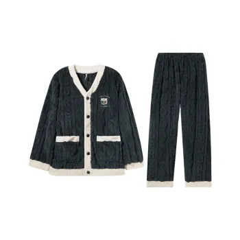 DAERLI Coral Fleece Cardigan Warm Pajama Set Men's Black