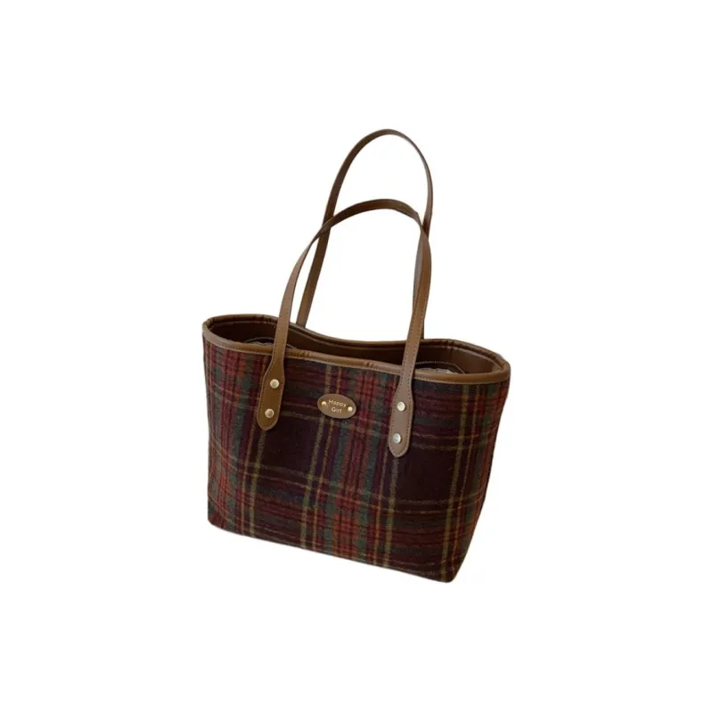 Yalu Woolen Tote Bag Crossbody Bag Shoulder Bag Regular Women's Plaid Green/Red Plaid-2