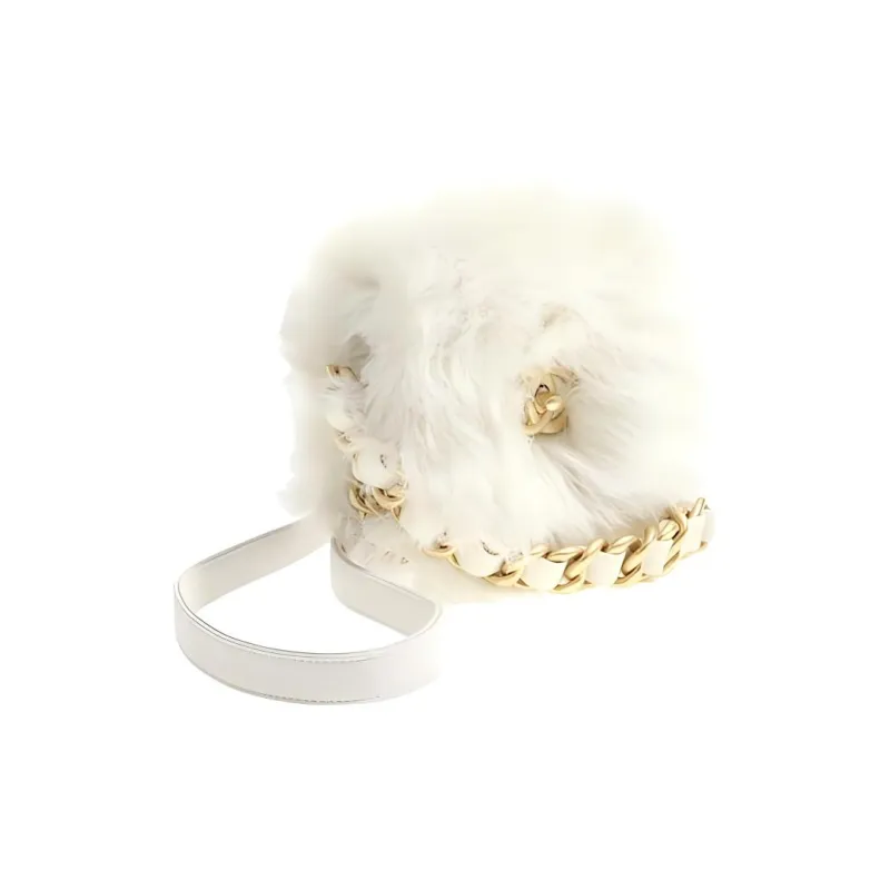 CHANEL 21K Winter Double Sided Shearling Lambskin Coin Purse Handbag, Shoulder Bag, Crossbody Bag Mini Women's White-4