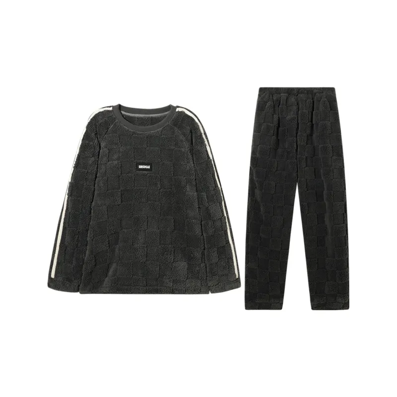 DAERLI Coral Fleece Fleece Lined Flannel Pajama Set Men's Dark Gray-0