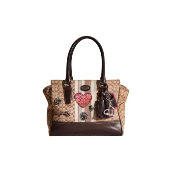 COACH Legacy Jacquard Tote Bag, Shopping Bag, Handbag Large Size Women's Silver & Khaki & Mahogany