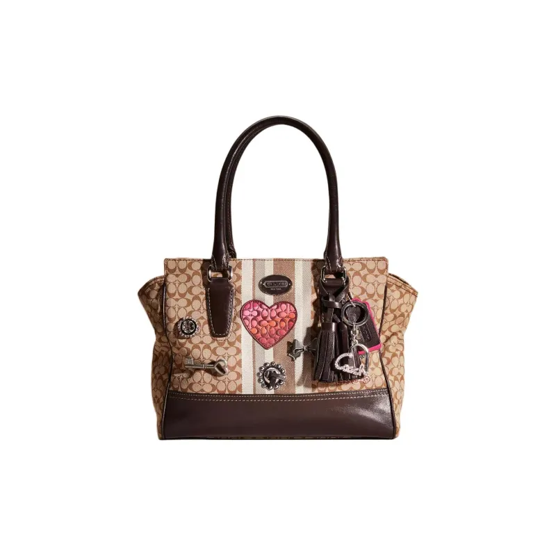 COACH Legacy Jacquard Tote Bag, Shopping Bag, Handbag Large Size Women's Silver & Khaki & Mahogany-0