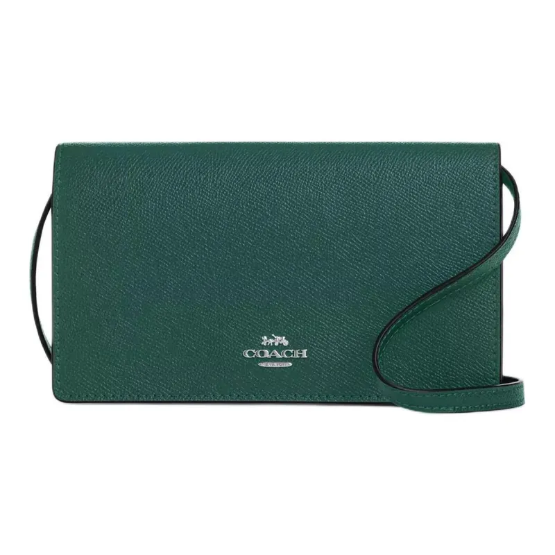 COACH Anna Cross Grain Leather Clutch, Crossbody Bag, Shoulder Bag Trumpets Women's Green-0
