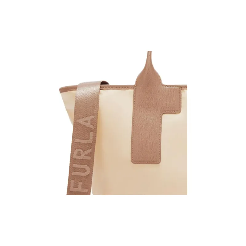 Furla Piuma Nylon And Leather Tote Bag Shopping Bag Shoulder Bag Crossbody Bag Handbag Women's Brown & Beige-3