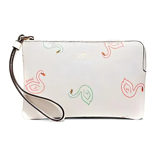 COACH Corner Zip Leather Canvas Clutch Small Size Women's White