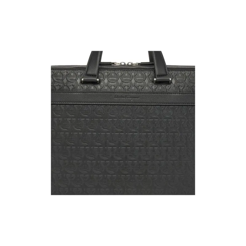 FERRAGAMO Travel Embossed Leather Handbag Men's Black-4