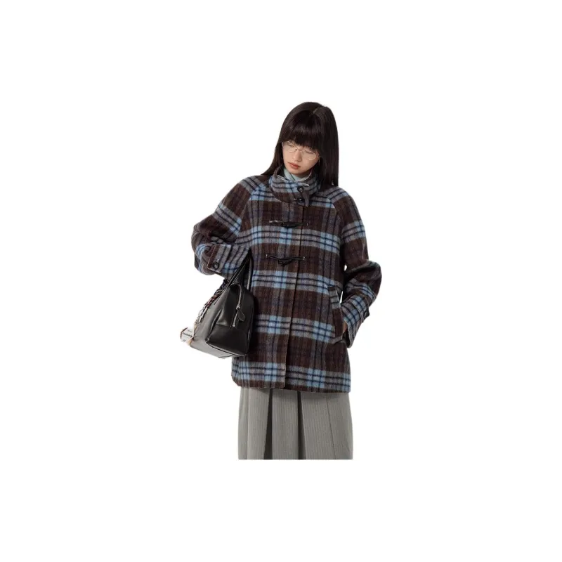 Omont Coat Women's Blue Brown Plaid-1