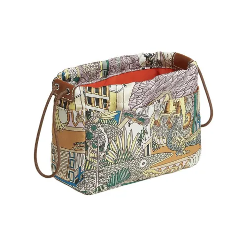 HERMES Silk With Barenia Calfskin Clutch Women's Light Purple & Light Green & Light Tawny
